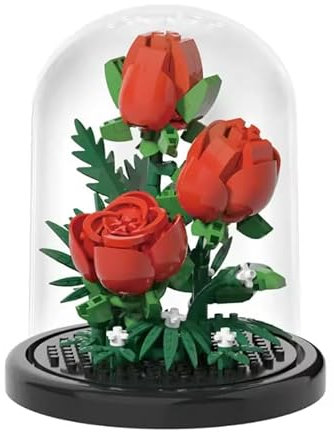 Rose Rouge sous Cloche à Monter – Fleur DIY Style Lego – Cadeau Romantique pour Femme, Anniversaire, Saint-Valentin, Décoration Maison Élégante