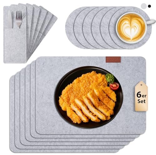 Seaforie Tischsets abwaschbar, 18er Set Platzset inkl. 6xTischset, 6xGlasuntersetzer&6xBestecktaschen, 3mm Dicke rutschfeste Tischunterlage aus Filz, Hitzebeständig bis 100°C für Esstisch & Küche