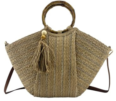 MODELISA - Bolso Capazo De Hombro Y Mano Rafia Paja Playa Borla Decorativa Correa Ajustable Mujer (Marrón)