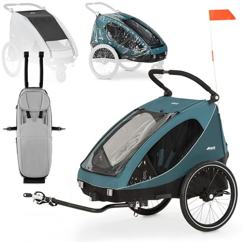 hauck Dryk Duo Set – Fahrradanhänger inkl. Baby Lounger, Sonnensegel & Regenschutz – für 2 Kinder, faltbar, gefedert & mit Kinderwagen-Funktion - Ocean Green