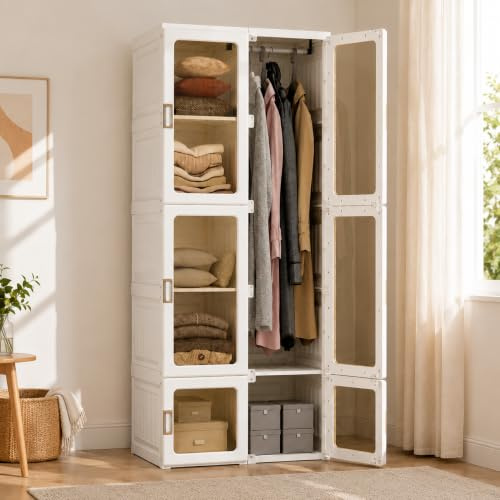 BRILVERDE Tragbarer Faltbarer Kleiderschrank,mit 6 Würfel,1 Kleiderstange,magnetische Türen,Einfache Montage,Wohnzimmer Schlafzimmer (Weiß A, 50x69x170 cm)