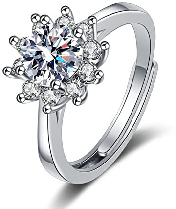 Lirzxin Weißgold Ring 750 18 Karat, Verlobung Ringe Frauen Verstellbar Blume mit Rund Moissanit Hochzeitsringe Weißgold Große 49 (15.6)