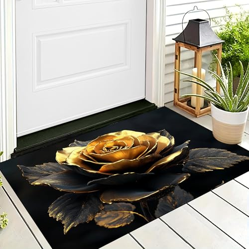ALTCIRNMD Fußmatte Gold Luxus Rose Druck Für Den Außenbereich Innenbereich,50X80Cm rutschfeste Boden Willkommens-Matten Eingangsteppich Fußmatten Metallwerke Für Küche Schlafzimmer