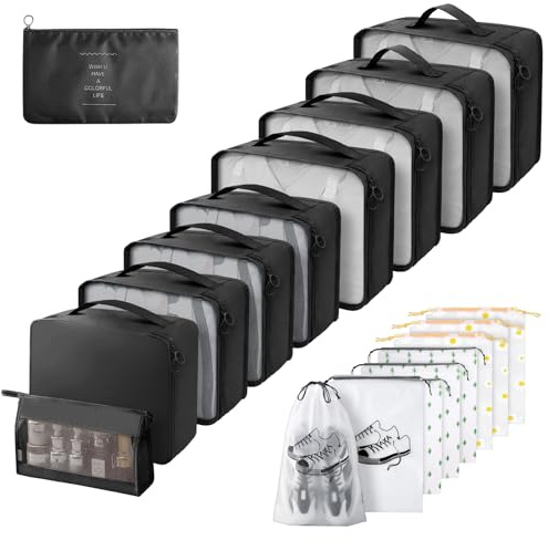 Gemtte Koffer Organizer Set 18-teilig, Wasserdicht Packing Cubes, Multifunktionale Travel Packwürfel, Kofferorganizer Packtaschen für Koffer, Reise Organizer Set Mit Kleidertaschen (Schwarz)