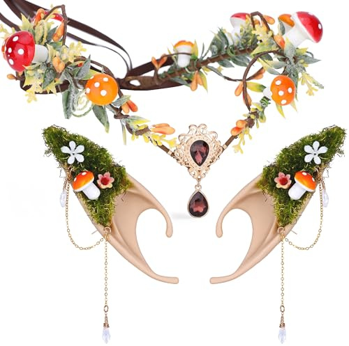 MOSTORY Pilz Elfen Kopfschmuck Ohren Set für Faschingskostüme Wald Outfit, Renaissance Feenkrone Ohrringe Set für Renfaire Fantasy Kostüm Karneval Nicht Durchbohrte