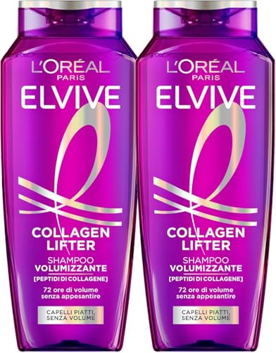 L'Oréal Paris Elseve Collagen Lifter Shampooing Volumateur Fins 2x250ml | 80% volume en plus 72h, Ultra-nettoyant translucide, Sans silicones, Parfum poire agrumes rose