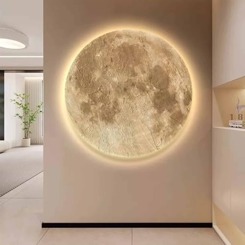 ZhuiFengA 3D Mond Wandkunst Dekor, mit LED-Licht, handgefertigte Wandskulptur, Wohndekor, mit Licht, Wohnzimmer hängend(60cm)