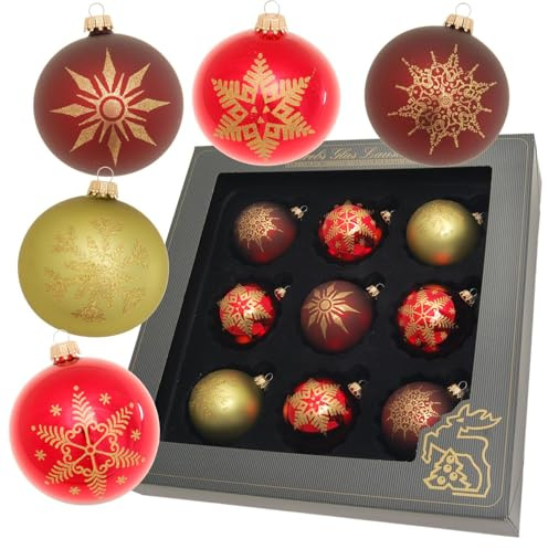 Krebs Glas Lauscha - Christbaumschmuck aus Glas - Glaskugelsortiment mit Schneeflocken in rot & grün - Größe ca. 8cm - 9 Stück