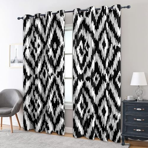 Generisch Blickdichte Vorhänge Diamant Ikat Muster, H 260 x B 140 2er Set - Schwarz Weiß Geometrie Fenster Gardinen mit Ösen, 260 cm Lang Curtains Wohnzimmer Schlafzimmer Deko S&V-36
