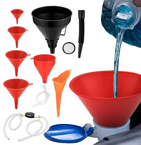 Entonnoir automobile - Lot de 8 pièces en PP avec col long, bec flexible, buse amovible et filtre, pompe siphon manuelle pour remplir l'eau, réfrigérant, carburant et huile moteur