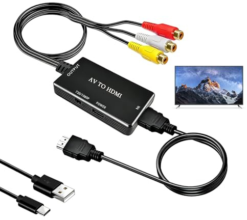Draymora RCA to HDMI Converter 1080P/720P AV to HDMI Adapter Cable Composite CVBS Video Audio Converter Support PAL/NTSC for TV/PC/PS2/PS3/Xbox/SNES/WII/N64/STB/VHS/VCR/Blue-Ray DVD Players