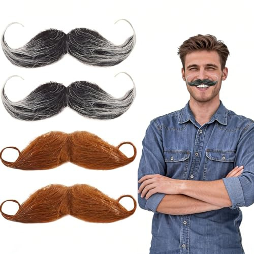 Pack of 4 Mustache Glue-On Moustache Curly Fancy Dress Synthetic Hair Face Moustache for Old Men Christmas Party Birthday and Party (Black + Brown)