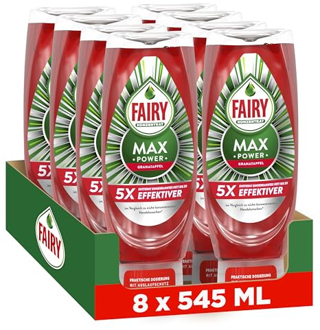 Fairy Max Power Spülmittel Granatapfel, 8x545 ml | Starke Fettlösekraft für mühelose Reinigung selbst bei fettigen Töpfen und Pfannen.