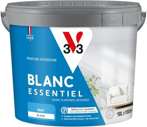 V33 Peinture Intérieure Blanc Essentiel Mat 10L | Murs, Plafonds et Boiseries - Application Rapide & Facile - Couvre en 2 Couches - Chantier Rapide - Recouvrable en 3h