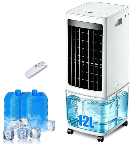 JGJSQYY Aire Acondicionado Portátil 12 L, Enfriador de Aire sin Tubo 65W, 3 Modos 3 Velocidades, Climatizador Evaporativo Silencioso 4 en 1, Temporizador de 0-7.5 H, Control Remoto para Hogar Oficina