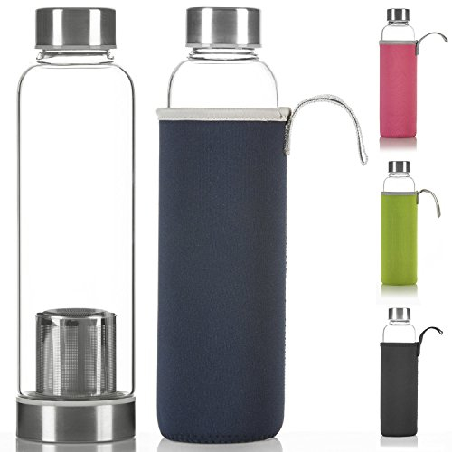 Dimono Deluxe Trinkflasche aus Glas 600ml - Sport Glasflasche Wasser-Flasche; bruchsicher mit Edelstahl Filter-Einsatz & Nylon Thermo-Hülle (Blau mit Filter)