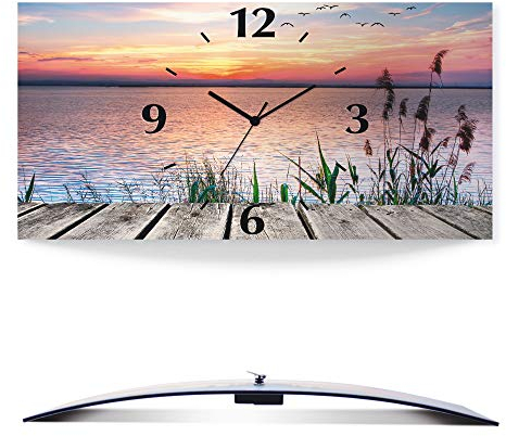 ARTLAND Wanddeko Wanduhr ohne Tickgeräusche Alu Funkuhr 50x25 cm Rechteckig Lautlos Landschaft Natur See Wolken Sonnenuntergang Sonne T9QD