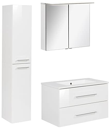 FACKELMANN weisses Badmöbel Set B.Perfekt 3-TLG. mit Waschtisch Unterschrank inkl. Keramikbecken hängend 80 cm & LED Spiegelschrank
