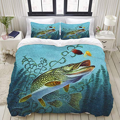 KISSENSU Bedding Bettwäsche-Set,Hecht Spinner Köder,Mikrofaser Bettbezug und Kissenbezug - (135 x 200 cm)