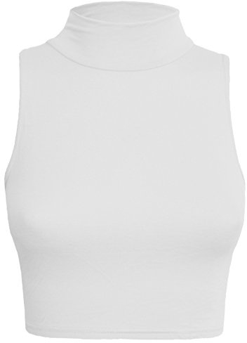 Candid Styles New Womens Sleeveless Plain Polo High Neck Crop Top T-Shirt Turtle Vest 8-14, 8-10, White
