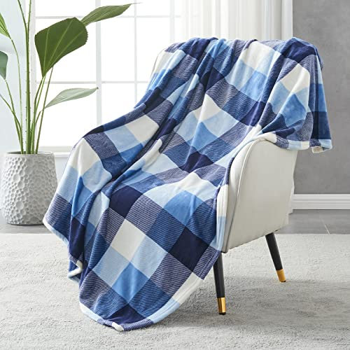 SOCHOW Flanell Fleecedecke 150 × 200 cm, ganzjährig Blau/Weiß Karierte Decke für Bett, Couch, Auto