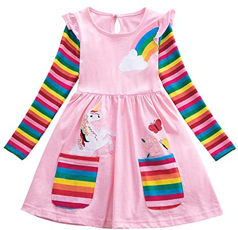 SFreeBo Girls Pink Dress 3-4 Toddler Girl Long Sleeve T-Shirt Dress Cotton Causal Rainbow Dresses for Girls Unicorn Dress with Large Pocket
