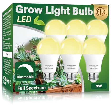Wiyifada 6 Pack Full Spectrum Grow Light Bulbs,A19 Grow Lights for Indoor Plants,Dimmable E26 9W Grow Bulb Replace up to 100W,Plant Lights for Indoor Growing,Flowers,Greenhouse,Indore