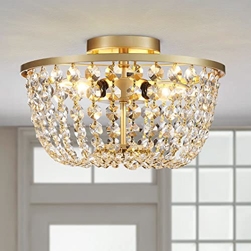 WUZUPS Kristall Kronleuchter Unterputz Deckenleuchte moderne Leuchte für Schlafzimmer Flur Bar Küche Bad, H 21 x B 33, Gold, G9 Sockel