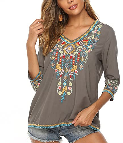 Vakakado Hippie Vêtements Dames Bohème Folklore Broderie Blouse Manches 3/4 Col V Tunique D'été Haut Décontracté(054,Gris,M)