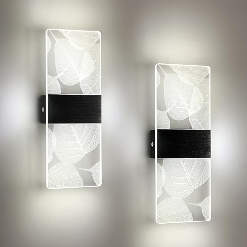 2 Pezzi Lampada da Parete Interno, 12W 6500K Bianco Freddo, Applique da Parete LED Interni Moderno, Lampada a Muro in Acrilico per Scale, Corridoio, Soggiorno (Nero)