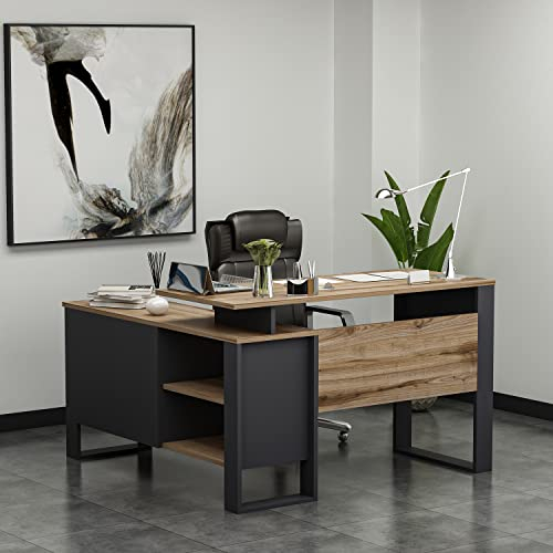 HOMIDEA ARES Moderner Eckschreibtisch – Computertisch in L-Form mit Regalen und Schubladen für Büro und Zuhause (ARES – Anthracite/Briarsmoke)