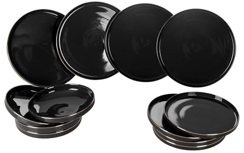 Villa d’Este Home Tivoli Service de vaisselle 12 pièces en New Bone China, bord or, 4 places, luxe noir