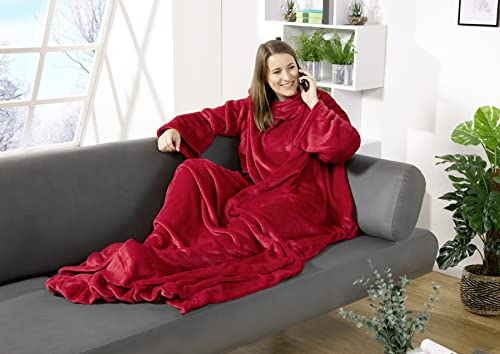 heimtexland ® Ärmeldecke TV Thermodecke mit Ärmeln und Taschen Sofadecke Ganzkörperdecke Kuscheldecke Flanell Weich und Wärmend Decke Typ848 Rot LxB 180 x 150 cm