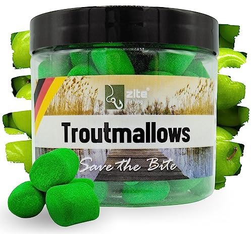 Zite Fishing Troutmallows - Hochfängige Marshmallow Forellen-Köder auftreibend - Intensive Aromen & Leuchtende Farben - 40g Dose - Perfekt für Grundmontage & Kombination mit Naturködern (Apfel grün)