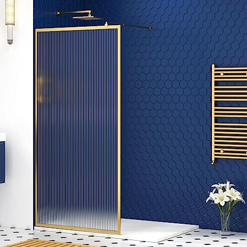 Luxor 760mm Walk in Wet Room Fluted Shower Screen with Brass Frame - 8mm Easy Clean Glass