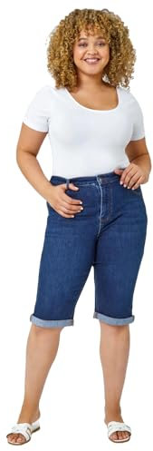 Roman Originals Denim Shorts for Women UK Ladies Knee Length Stretch Jean Cropped Capri Jegging Turn Up Hem Cut Off Summer High Waisted Trouser Smart Pants Casual - Plus Indigo - Size 18