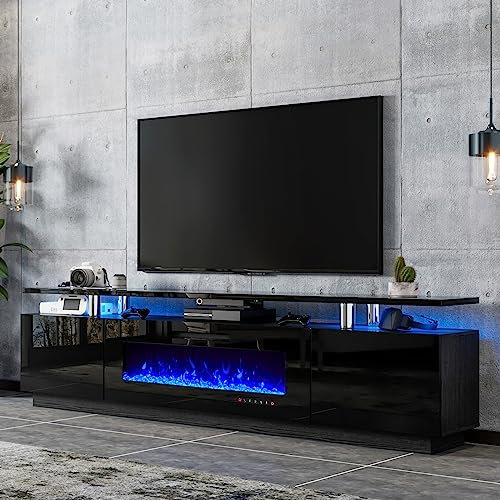 LUXOAK - Soporte de TV para Chimenea de 80 Pulgadas, Moderna Consola Multimedia de Acabado Brillante con Chimenea eléctrica de 40 Pulgadas, Centro de Entretenimiento de Almacenamiento Abierto para