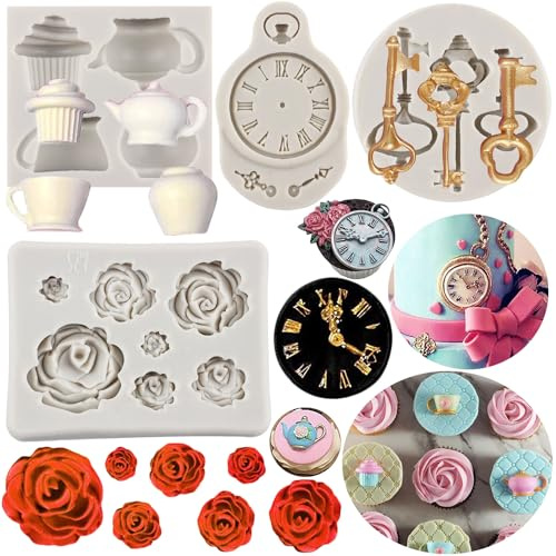 Sijiangmold Teeparty-Kuchenform, Teetasse, Teekanne, Fondant, Uhr, Schlüssel, Rose, Blume, Silikonformen für Kuchendekoration, Cupcake-Topper, Schokolade, Gummipaste, Modelliermasse, 4 Stück