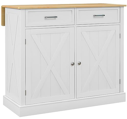 HOMCOM Isla de Cocina Carro de Cocina con Encimera de Madera Plegable 2 Puertas 2 Cajones Estante Ajustable y 4 Ruedas 105x60x90,5 cm Blanco