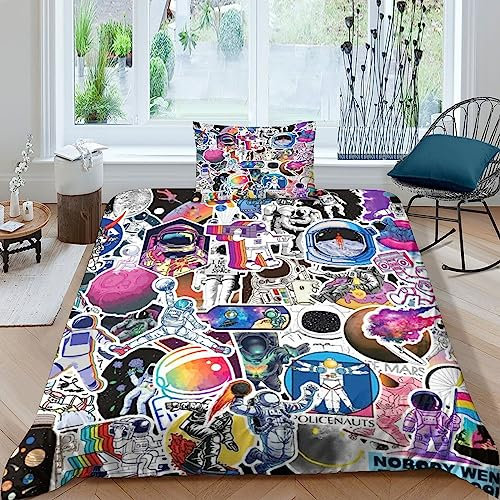 Kinder Graffiti Muster Bettwäsche Street Art Stil, Bunte Graffiti Bettbezug 135x200cm, Doodle Bettwäsche Sets Mikrofaser Single