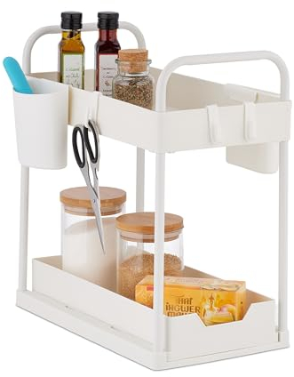 Relaxdays Organizador Bajo Fregadero, 2 Estantes, 4 Ganchos y 2 Vasos, Almacenar Productos de Limpieza en Cocina, Blanco, 42,5 x 22 x 40 cm