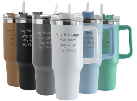 Personalised Engraved Thermal Tumbler, 40oz/1135ml Insulated Travel Cup, Large White Travel Coffee Mug, Customise with Any Message and Font, Stainless Steel, Straw and Handle
