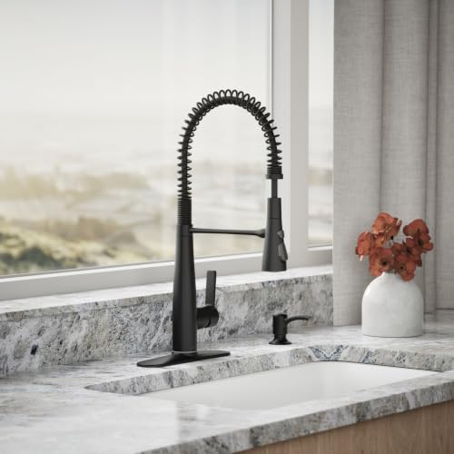 KOHLER K-REC22745-SD-BL Robinet de cuisine semi-professionnel avec distributeur de savon/distributeur de lotion, robinet d'évier de cuisine commercial avec tête de pulvérisation extractible, noir mat