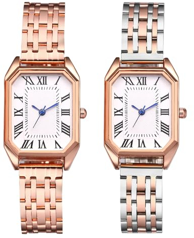 JewelryWe Uhren Damen Edelstahl Rechteckig: 2pcs Elegant Analog Quarz Armbanduhr Frauen Edelstahl Armband Lässige Uhr Damenuhr mit Rechteck Römischen Ziffern Zifferblatt