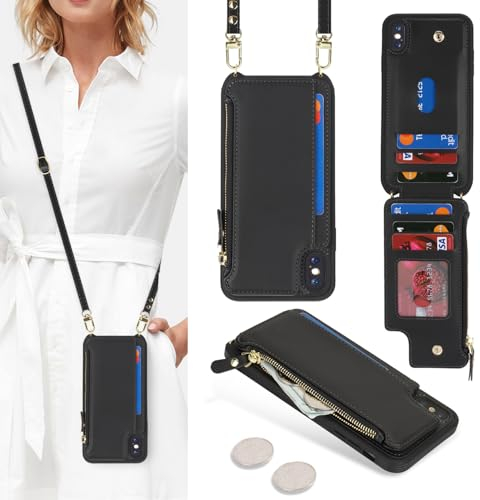 SailorTech iPhone XS Max Etui mit Kartenfach, Handytasche mit Reißverschluss Geldbörse und verstellbarer Halskette - Schwarz