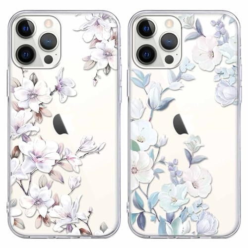 Foonary 2 Pack Clear Print Phone Case Compatible with iPhone 15 Pro Max 6.7, Slim Soft Silicone with Flower Design Aesthetics Transparent Pattern Cases, Shockproof Bumper Protector Cover