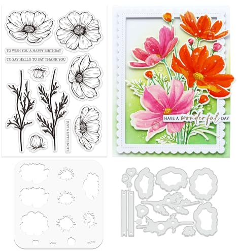 ORIGACH Realistische Kosmos Blume Stempel und Stanzen und Schichtung Färbung Schablone Bundle für Kartenherstellung Fotoalbum Kunsthandwerk Zubehör