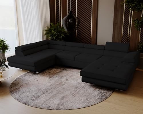 Emporius Ecksofa Sorlo U - Couch mit Schlaffunktion, verstellbare Kopfstützen, Bettkasten - Couch 345 cm U-Form - Ottomane Links freistehend - Samtstoff Velvet (Schwarz - Amor Velvet 4322)