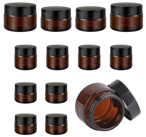 12 Stück Braunglas Salbentiegel, 5/10/20/30ml Amber Glas Leerdose, Cremedosen zum Befüllen, Cremedose mit Deckel und Liner, Creme Spender für Kosmetik Cremes Lotionen