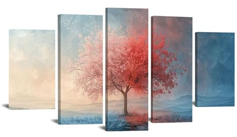 JOSUE Lot De 5 Tableau Arbre De Vie Arbre de vie rose Tableau Mural Enfant Sur Toile,Rose 14 DéCor Murale Pour Chambre Peintures Pour Maison Bain Salon- 100x200cm Encadrée